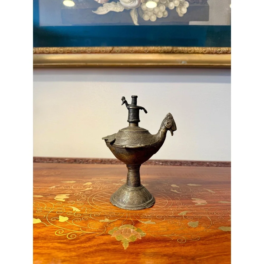 Antique‎ Indian Peacock Oil Lamp, Hand Cast Dhokra Brass Vessel